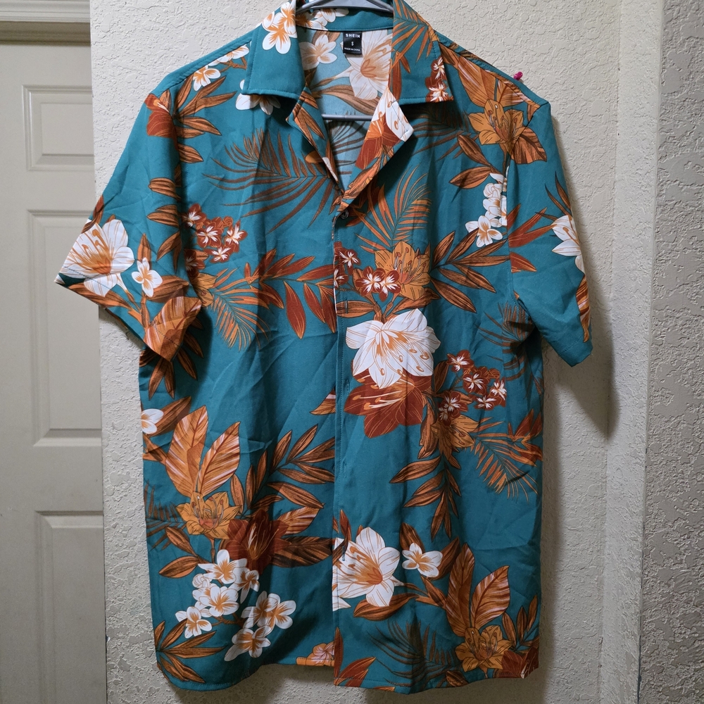 SHEIN Men's Tropical Floral Shirt - Teal and Orange